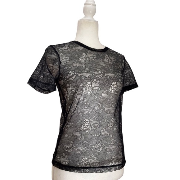 Maje Black Lace Pattern Sheer Crew Neck Top - Picture 4 of 6